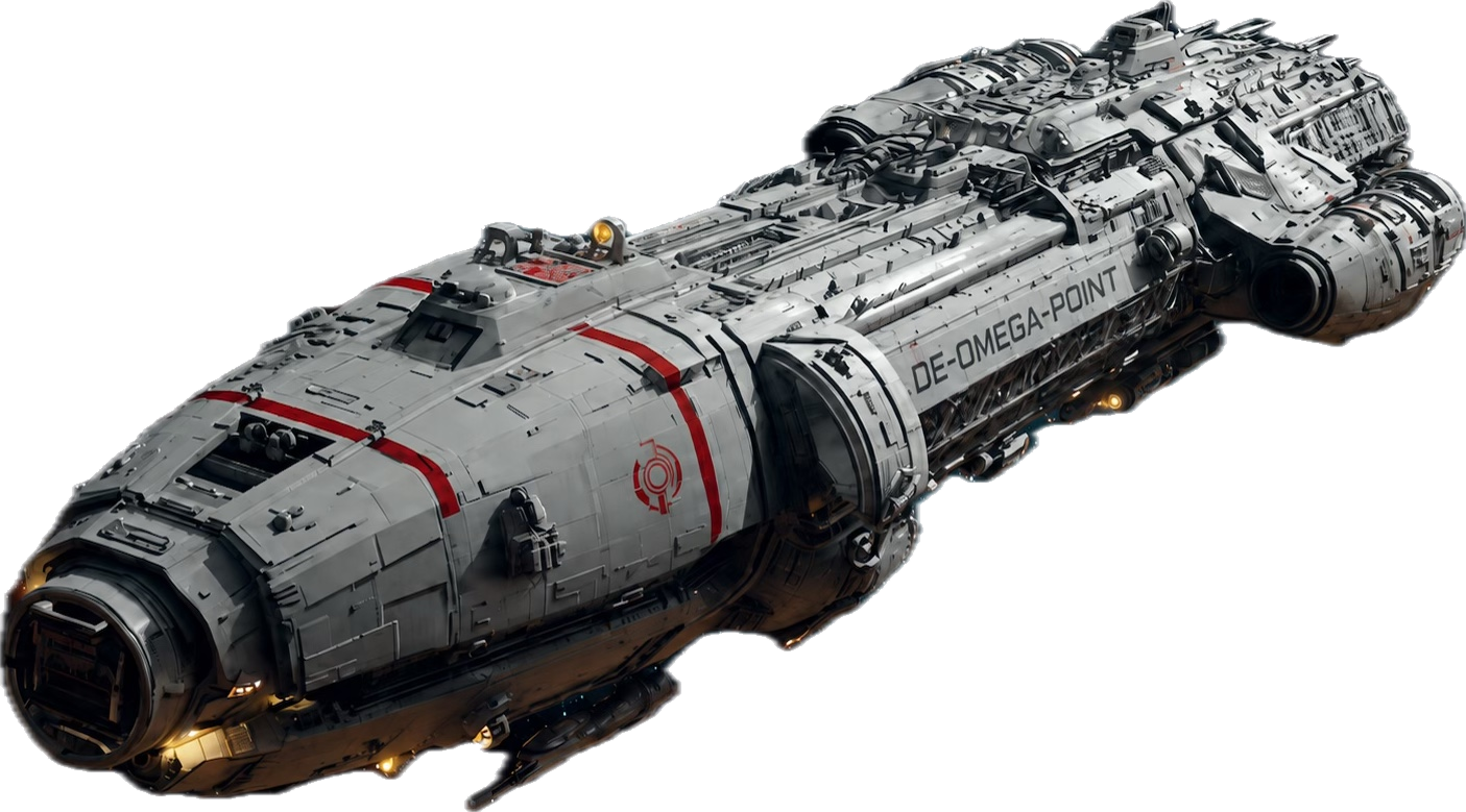 The De-Omega-Point command ship in three-quarter view