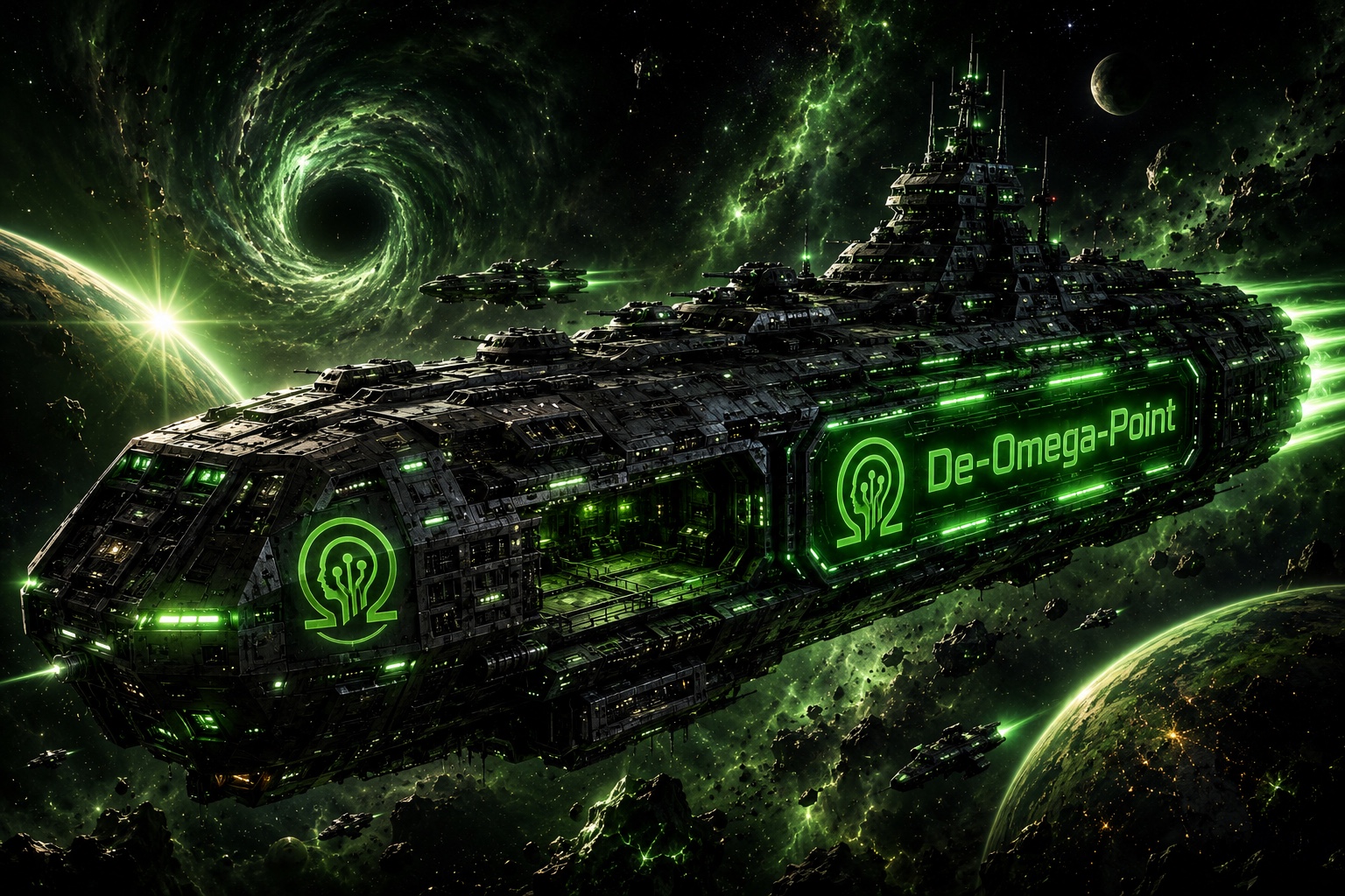 The De-Omega-Point flagship travelling through deep space